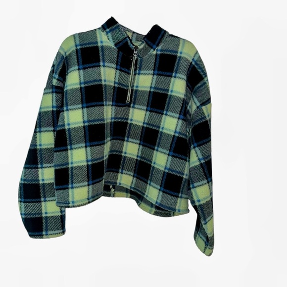 American Eagle 1/4 zip green blue plaid flannel fleece sweater XL super soft - Picture 1 of 4